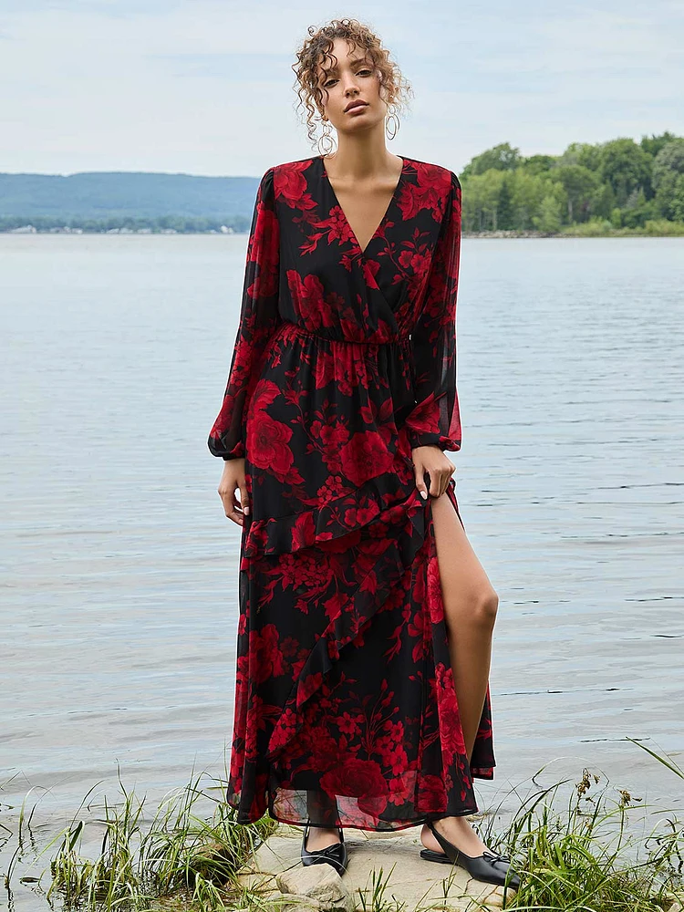 Robe longue en chiffon à volants imprimé fleuri