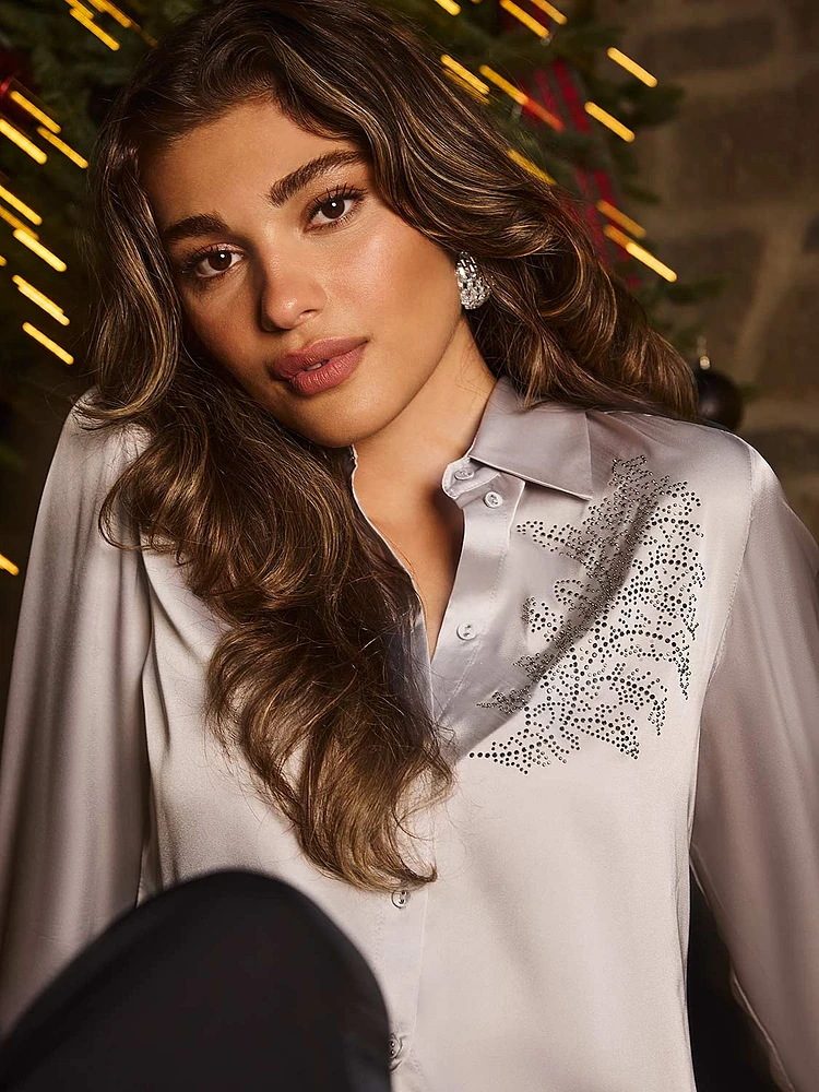 Blouse boutonnée sur le devant ornée de strass