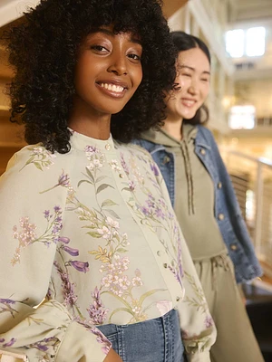 Blouse en mousseline à col rond et imprimé floral