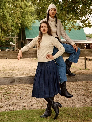 Denim Pleated Midi Skirt