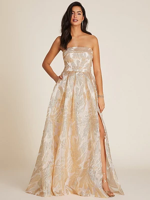 Strapless Jacquard Gown With Pleated Waist