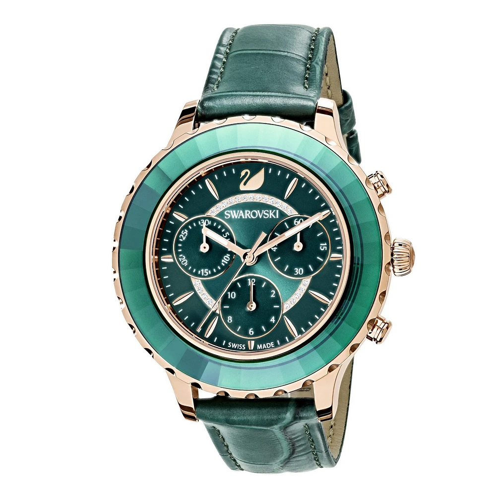 Reloj Octea Lux Chrono, Correa de piel, verde, tono oro rosa