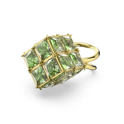 Anillo de cóctel Curiosa, Cuadrado, Verde, Baño tono oro