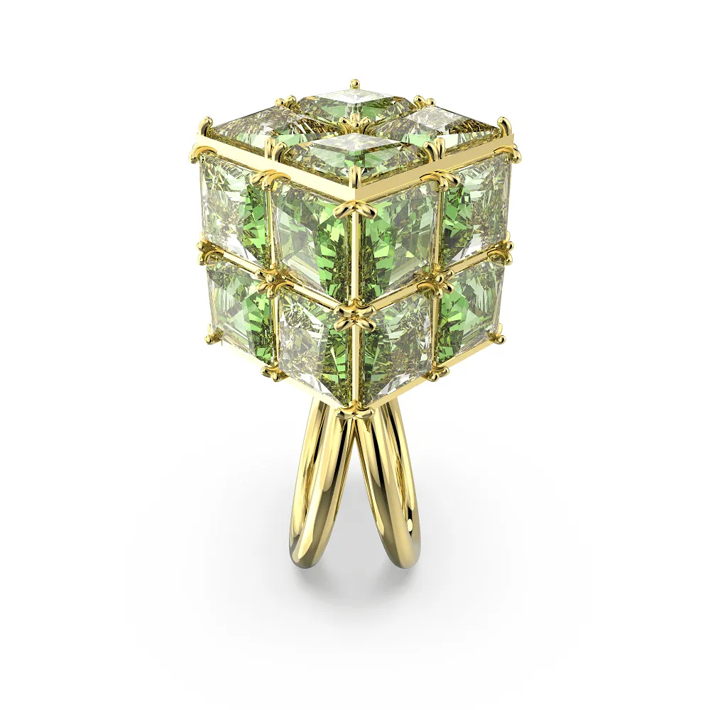 Anillo de cóctel Curiosa, Cuadrado, Verde, Baño tono oro