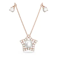 Collar Stella, Crystal pearls, Estrella, Blanco, Baño tono oro rosa