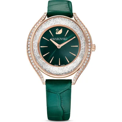 Reloj Crystalline Aura, Fabricado en Suiza, Correa de piel, Verde, Acabado tono oro rosa