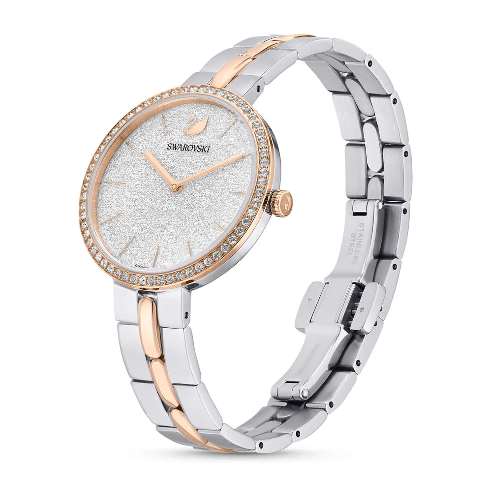 Reloj Cosmopolitan, Fabricado en Suiza, Brazalete de metal, Blanco, Acabado tono oro rosa