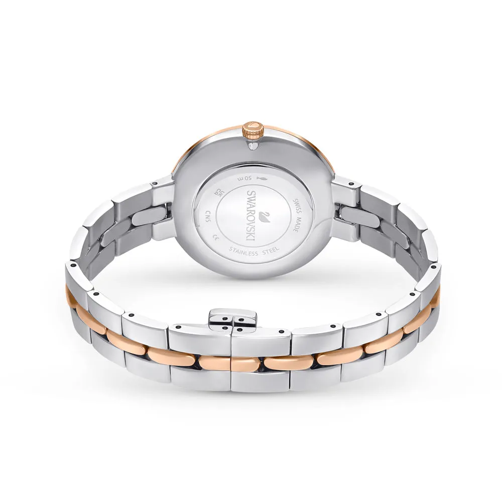 Reloj Cosmopolitan, Fabricado en Suiza, Brazalete de metal, Blanco, Acabado tono oro rosa