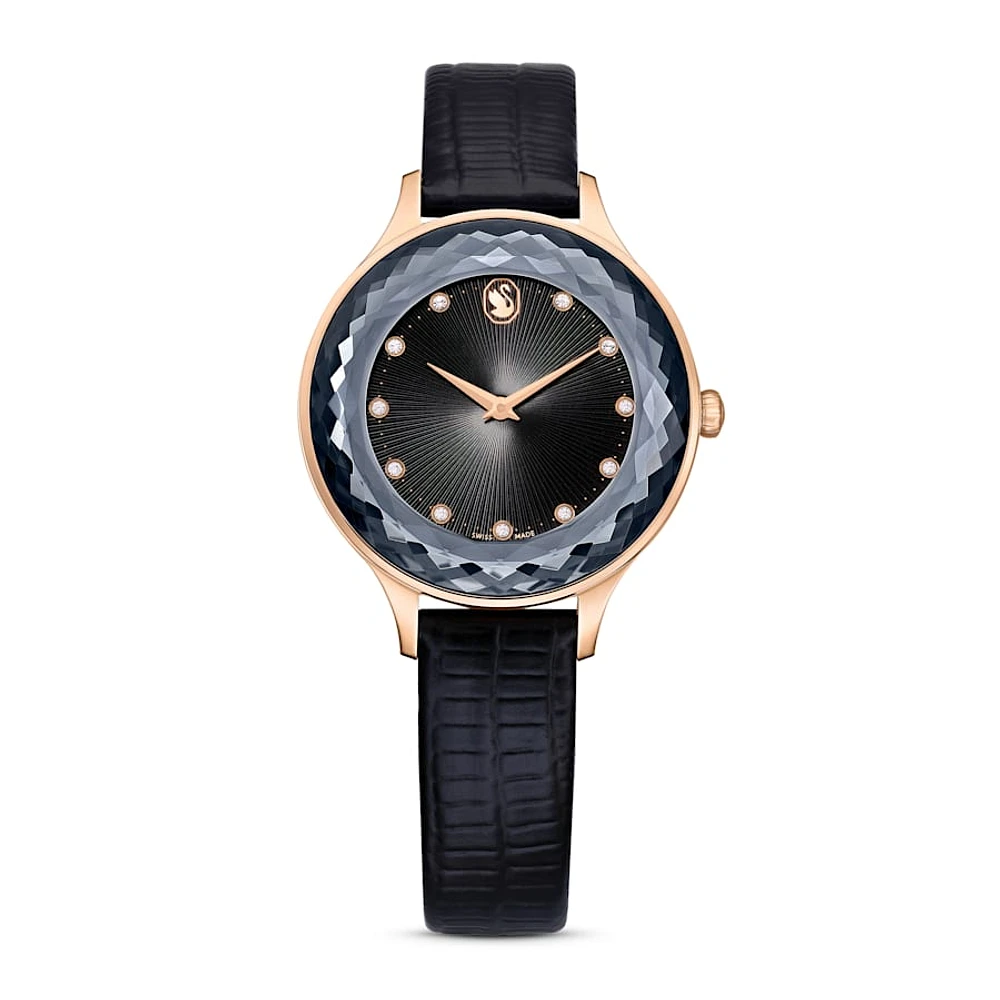 Reloj Octea Nova, Fabricado en Suiza, Correa de piel, Negro, Acabado tono oro rosa