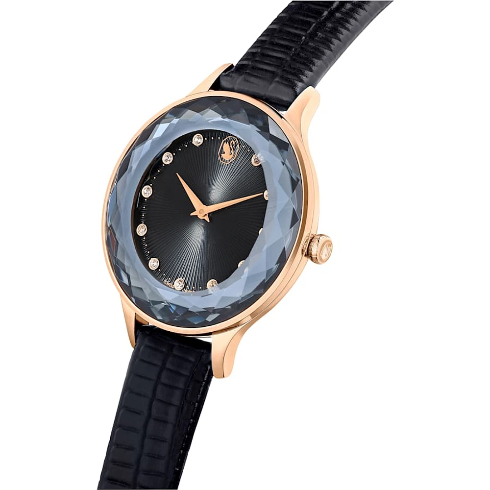 Reloj Octea Nova, Fabricado en Suiza, Correa de piel, Negro, Acabado tono oro rosa