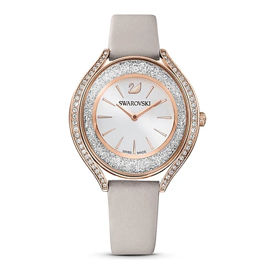 Reloj Crystalline Aura, correa de piel, gris, PVD tono oro rosa