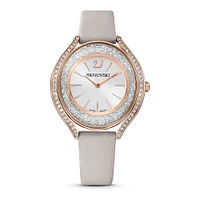 Reloj Crystalline Aura, correa de piel, gris, PVD tono oro rosa