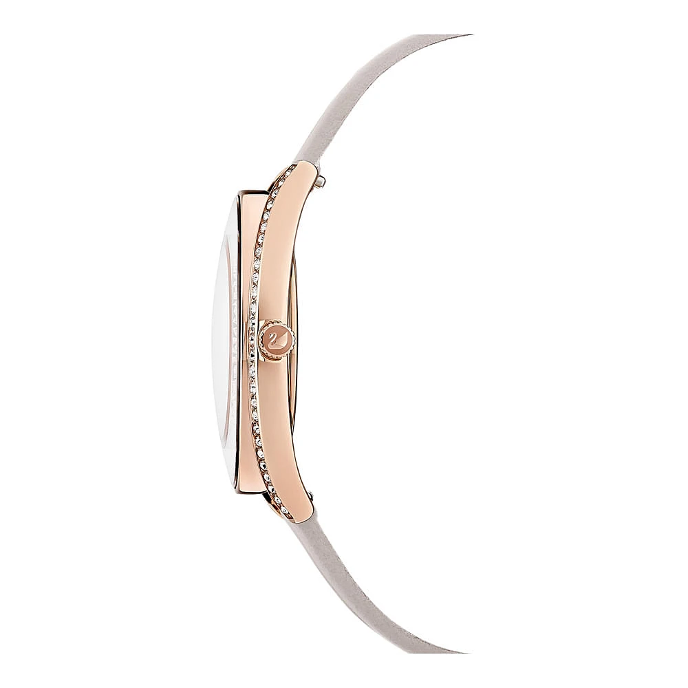 Reloj Crystalline Aura, correa de piel, gris, PVD tono oro rosa