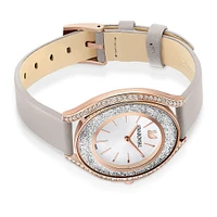 Reloj Crystalline Aura, correa de piel, gris, PVD tono oro rosa