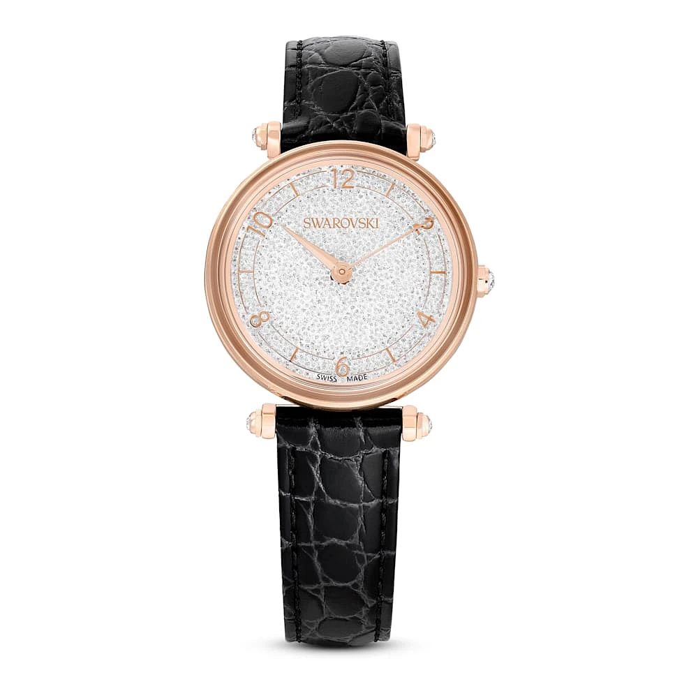 Reloj Crystalline Wonder, Fabricado en Suiza, Correa de piel, Negro, Acabado tono oro rosa