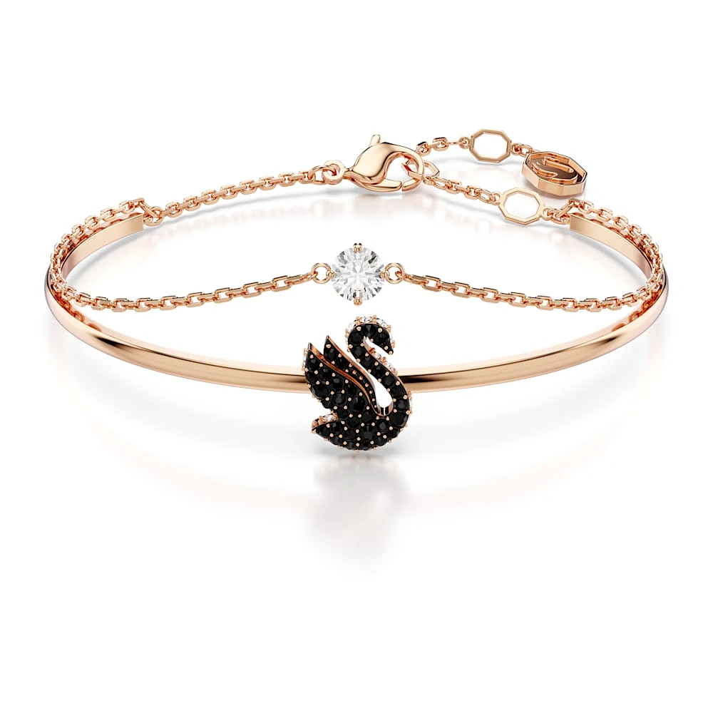 Brazalete Swarovski Iconic Swan, Cisne, Negro, Baño tono oro rosa