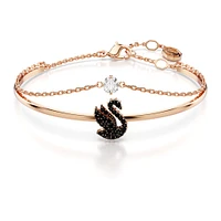 Brazalete Swarovski Iconic Swan, Cisne, Negro, Baño tono oro rosa