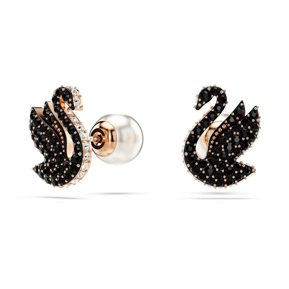 Pendientes de botón Swarovski Swan, Cisne, Negros, Recubrimiento en oro rosa