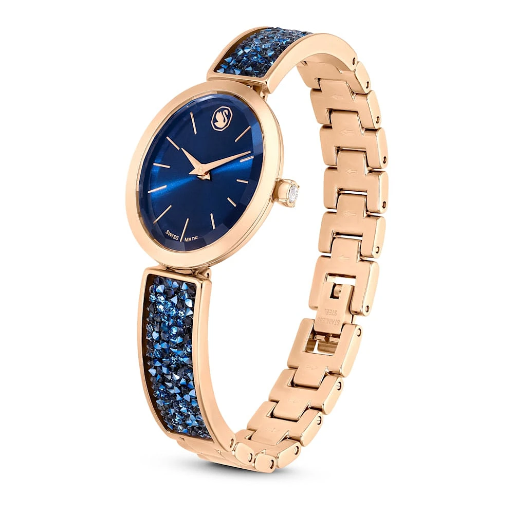 Reloj Crystal Rock Oval, Fabricado en Suiza, Pulsera de cristal, Azul, Acabado tono oro rosa