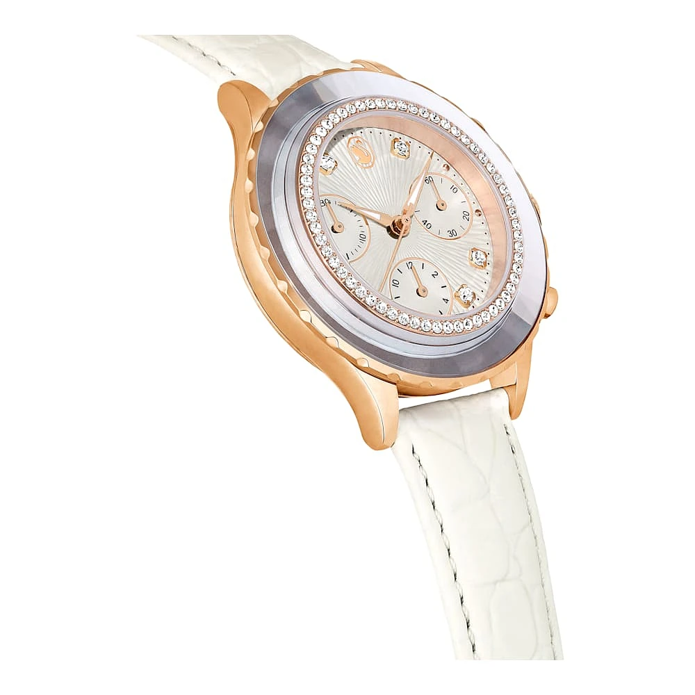 Reloj Octea Chrono, Fabricado en Suiza, Correa de piel, Blanco, Acabado tono oro rosa