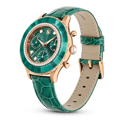 Reloj Octea Chrono, Fabricado en Suiza, Correa de piel, Verde, Acabado tono oro rosa