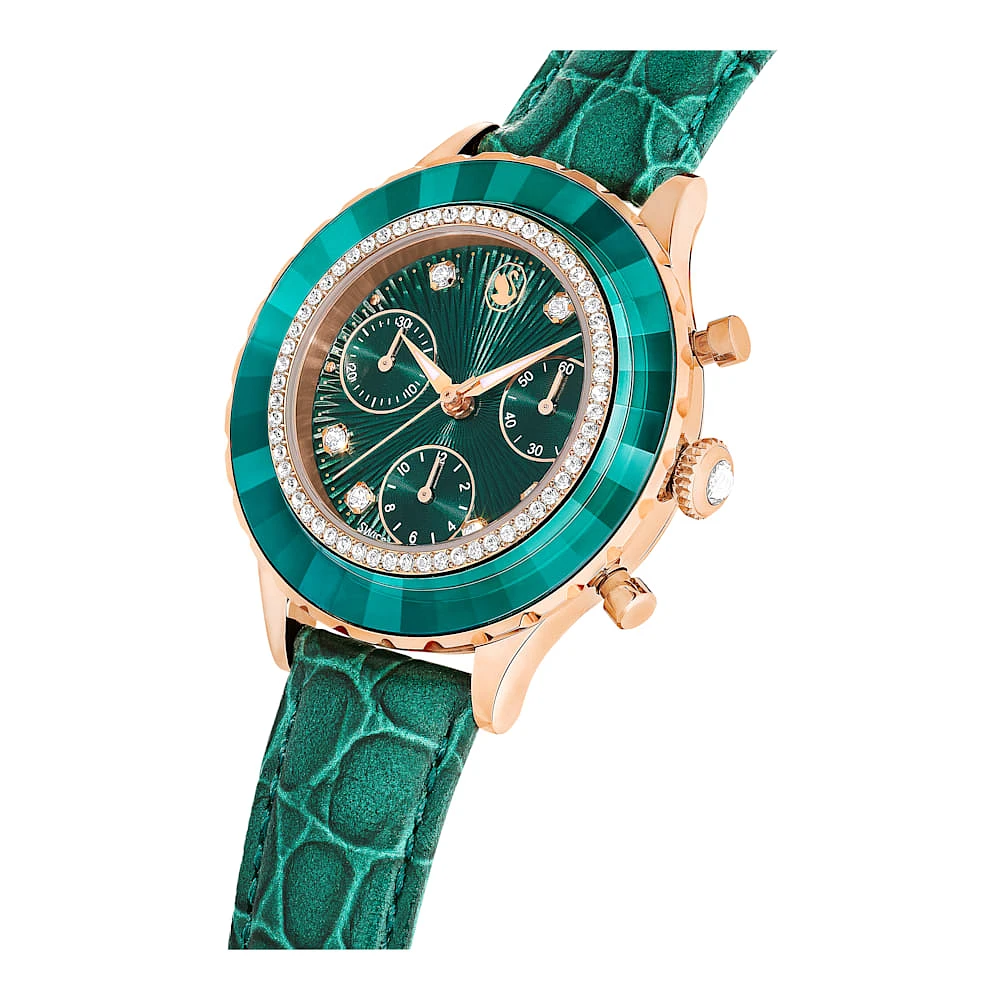 Reloj Octea Chrono, Fabricado en Suiza, Correa de piel, Verde, Acabado tono oro rosa