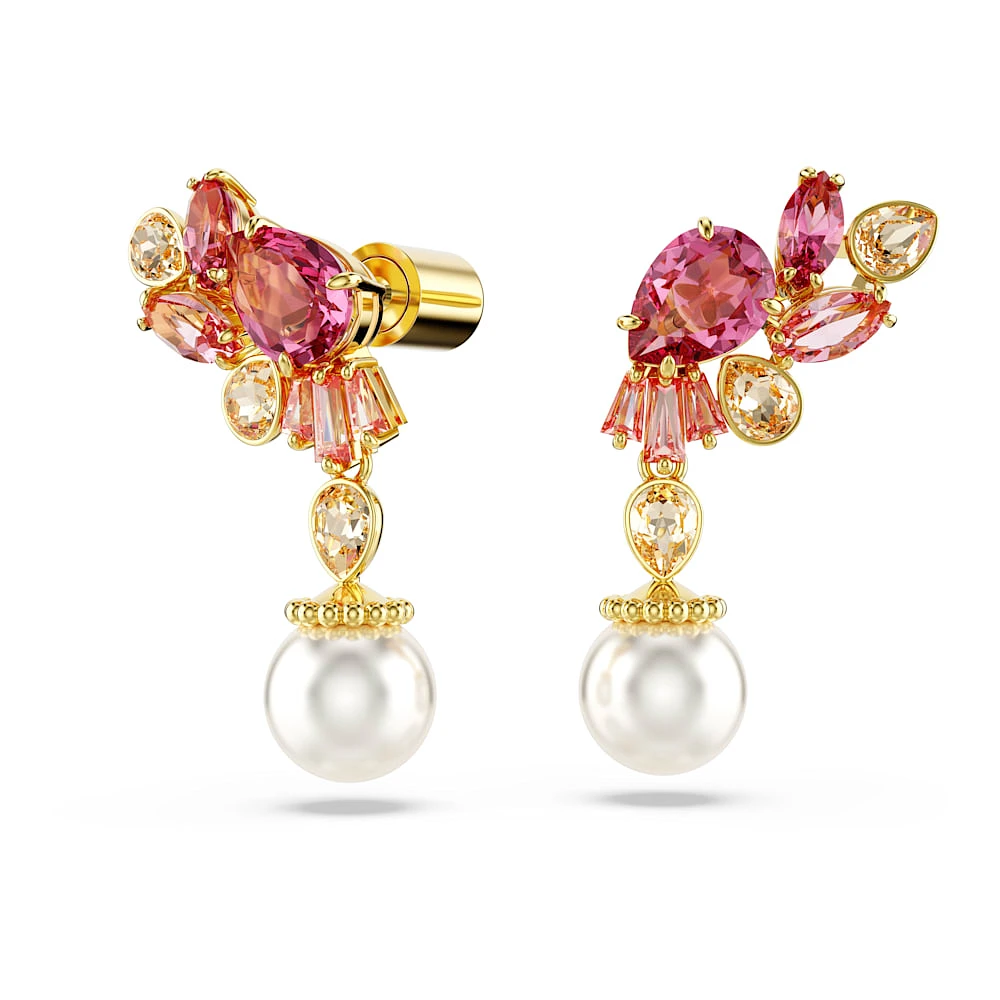 Pendientes Gema, Tallas mixtas, Crystal Pearls, Flor, Rosas, Recubrimiento tono oro