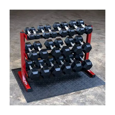 Best Fitness Rubber Dumbbell Set with Rack and Vinyl Mat - 5 to 50lbs