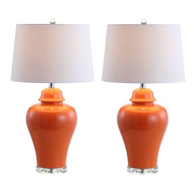 (Set of 2) 27.25 Winnie Ceramic Urn Table Lamp (Includes LED Light Bulb) Orange - JONATHAN Y: Modern Acrylic Base, Linen Shade