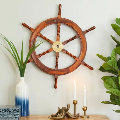 30 x 30 Wood Sail Boat Ship Wheel Wall Decor with Gold Hardware Brown - Olivia & May: Coastal Style, Vertical Carving