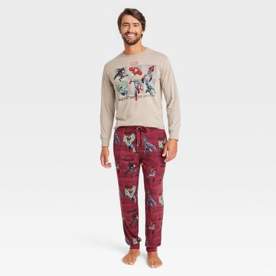 Mens Marvel Long Sleeve Sweater Knit Pajama Set