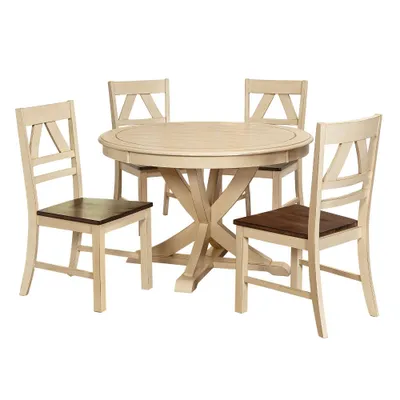 5pc Vintner Dining Set Antiqued White - Buylateral: Rubberwood, 4 Chairs, Round Pedestal Table