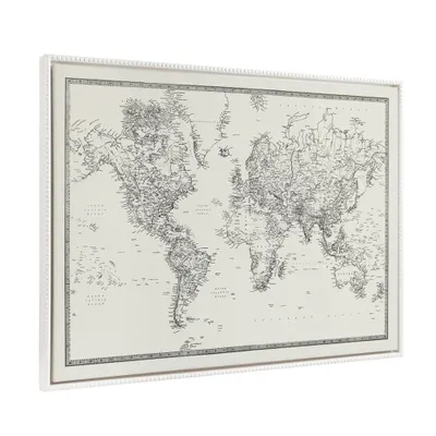23x33 Sylvie Beaded Vintage Black and White World Map Framed Canvas by The Creative Bunch Studio White - Kate & Laurel All Things Decor
