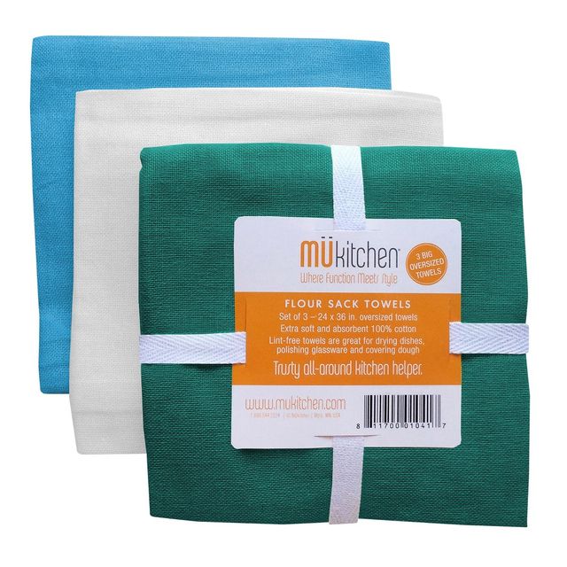 3pk Kitchen Towels  - MU Kitchen: Oversized Cotton Dish Towels, Absorbent Plain Weave