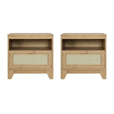 Set of 2 Sheridan Modern Cane Nightstand with Drawer  - Manhattan Comfort: MDF Frame, Metal Glides, Storage Shelf