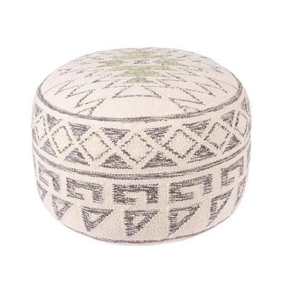 Storied Home Round Wool Blend Kilim Pouf with Geometric Design Gray: Bohemian Charm, Cotton Fill, Zipper Closure, No Assembly Required