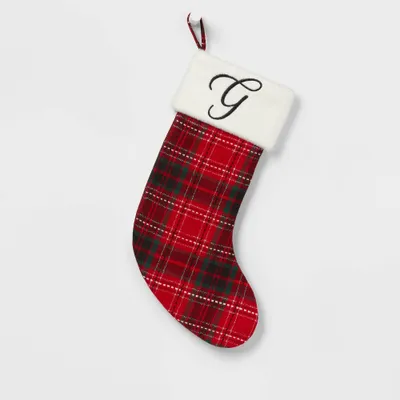 20 Plaid Monogram  Christmas Holiday Stocking with Faux Fur Cuff Red/reen/White - Wondershop: Initial Stocking