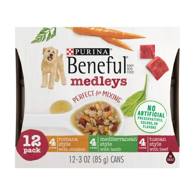 Purina Beneful Medleys Tuscan, Romana & Mediterranean Styles with Chicken, Beef and Lamb Flavor Wet Dog Food - 3oz/12ct Variety Pack