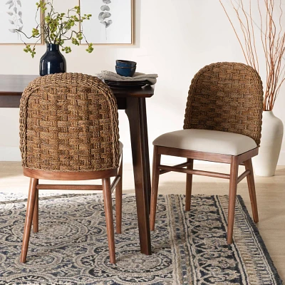 bali & pari Denver Acacia Wood and Seagrass Dining Chair White/Walnut Brown: Bohemian Style, Foam Padded