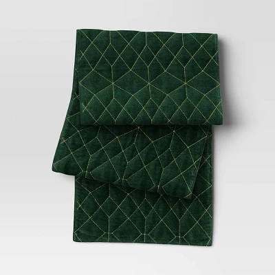 72x14 Velvet Quilted Table Runner Green - Threshold