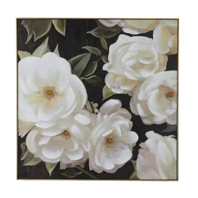 40x40 Sweet Gardenias Hand Painted Framed Wall Art White/Black/Gold - A&B Home: Botanical Art Deco, D Ring Mount