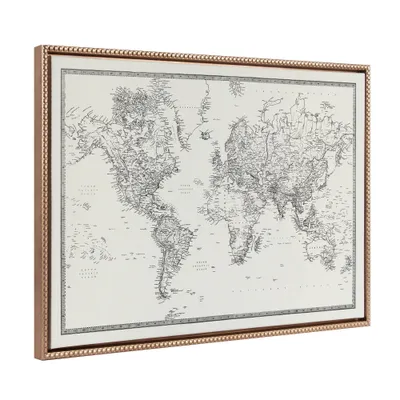 23x33 Sylvie Beaded Vintage Black and White World Map Framed Canvas by The Creative Bunch Studio Gold - Kate & Laurel All Things Decor