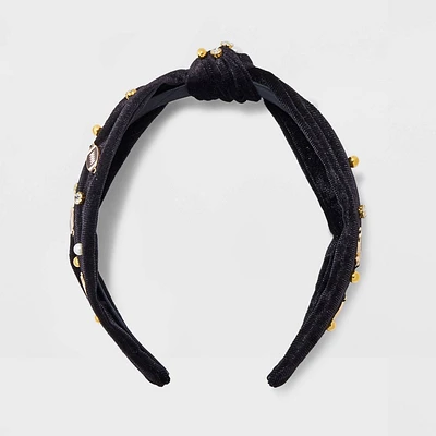 Football Icon and Stone Velvet Top Knot Headband - Black