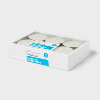 12pk Unscented Tealights White - Room Essentials: Paraffin Wax, 4hr Burn Time, 1 Wick Tea Lights