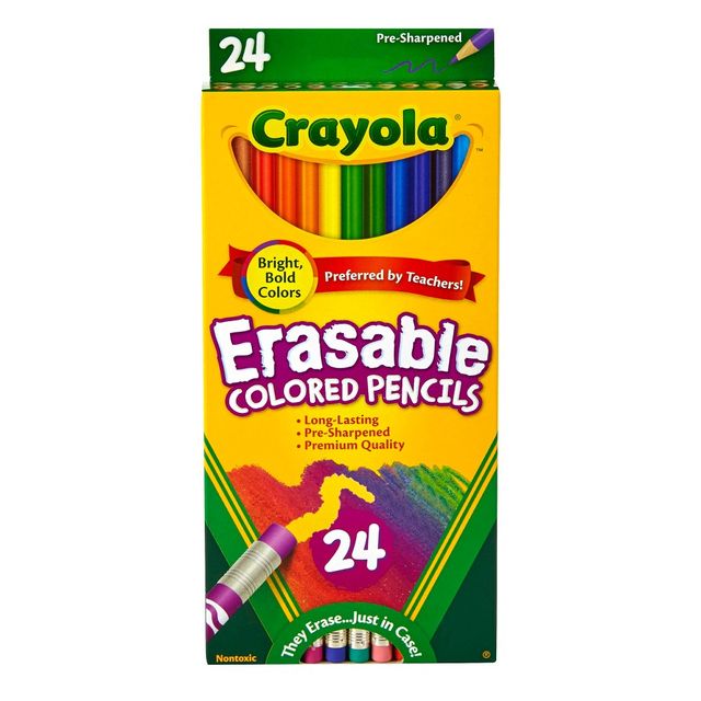 Crayola Erasable Colored Pencils 24ct: Multicolor, Presharpened, Non-Toxic, School Supplies for Kids, Includes Erasers