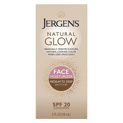 Jergens Natural Glow Face Moisturizer Medium To Deep Tone, Self Tanner, Daily Face Sunscreen - SPF 20 - 2 fl oz