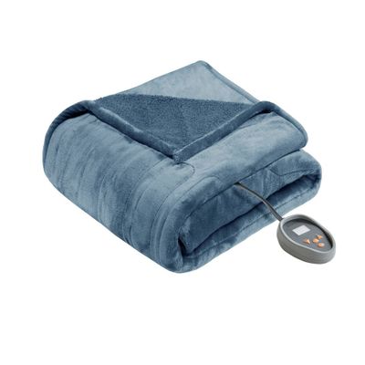 Full Electric Heated Microlight to Berber Bed Blanket Blue: Beautyrest, Plush Polyester, Machine Washable