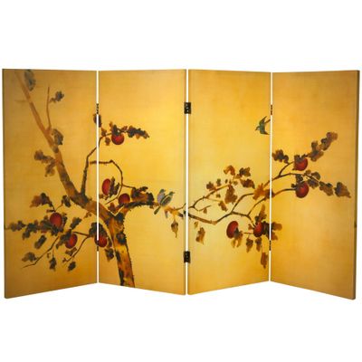 3 Tall Double Sided Birds On Plum Tree Canvas Room Divider - Oriental Furniture: No Assembly, Wood Composite