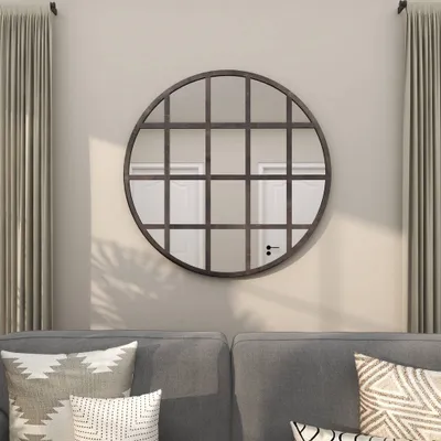 Metal Wall Mirror with Grid Frame Black - CosmoLiving by Cosmopolitan: Industrial Style, 36 Round Iron Mounted