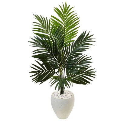 Nearly Natural 4.5 Artificial Kentia Palm Tree In White Oval Planter: Faux Floral Decor, No Maintenance Indoor Plant